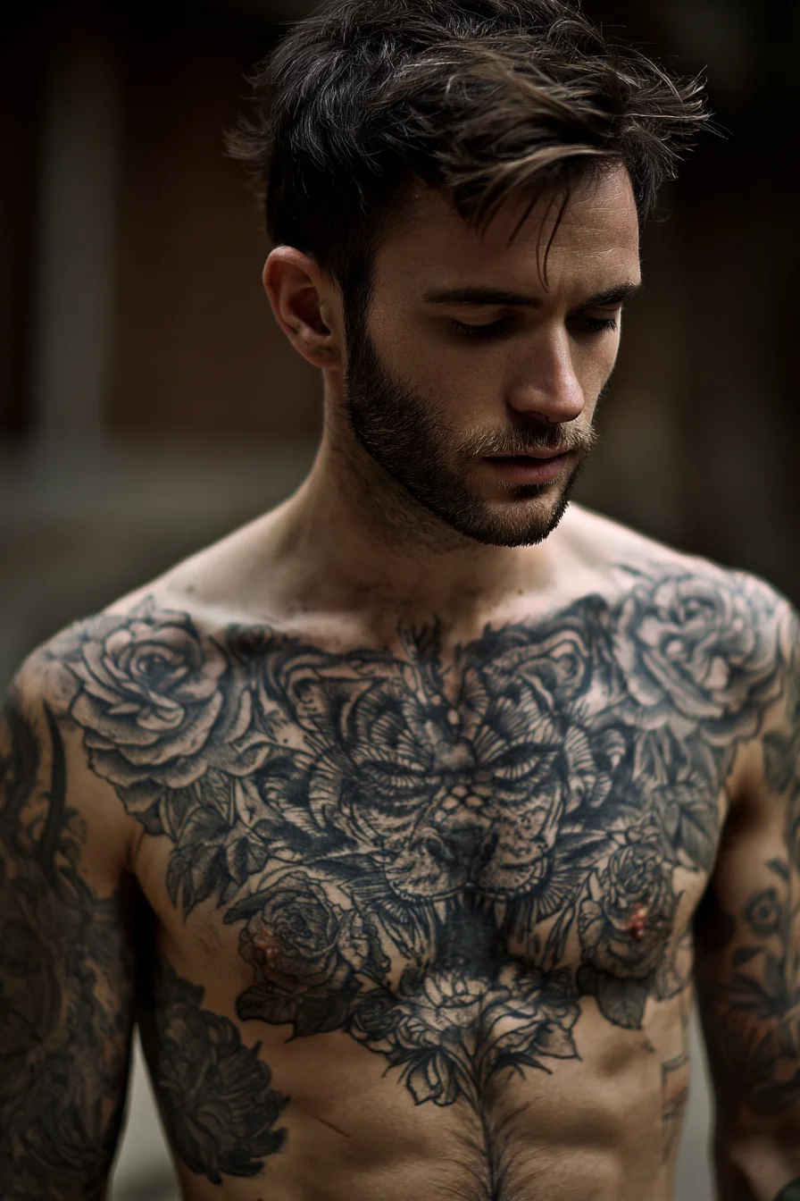 Black & Grey Chest Tiger and Rose Tattoo — Masculine Full‑Chest Design
