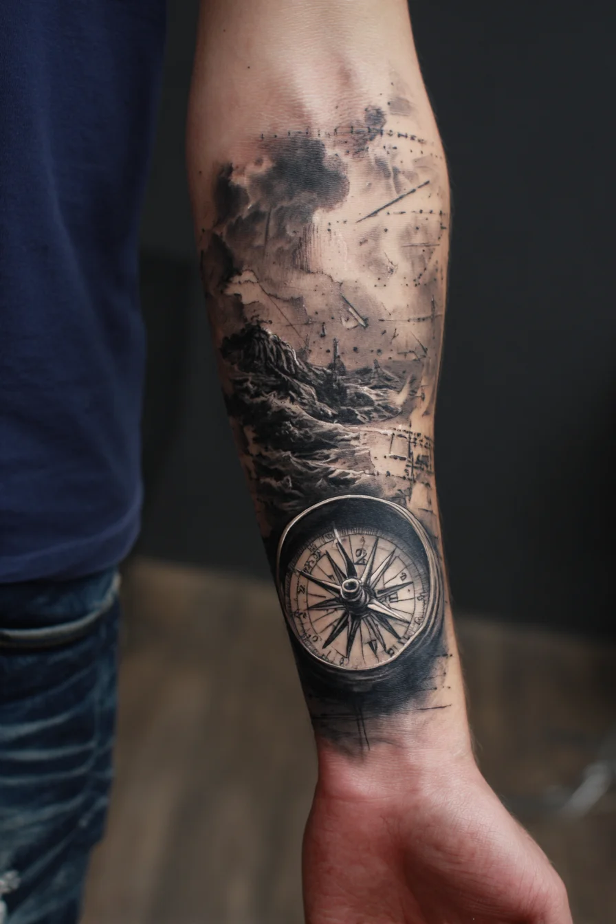 Black & Grey Compass and Storm Forearm Tattoo — Nautical Navigation Design