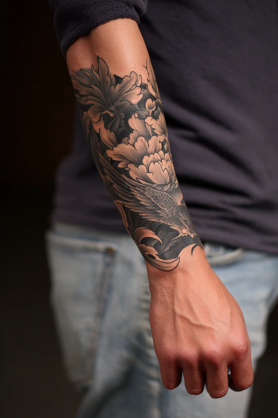 Black & Grey Floral Forearm Sleeve with Eagle — Masculine Tattoo