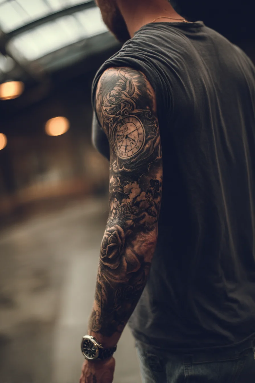 Black & Grey Full Sleeve — Pocket Watch, Rose & Ornate Realism Tattoo
