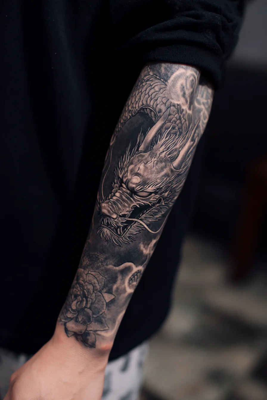 Black & Grey Japanese Dragon Forearm Tattoo
