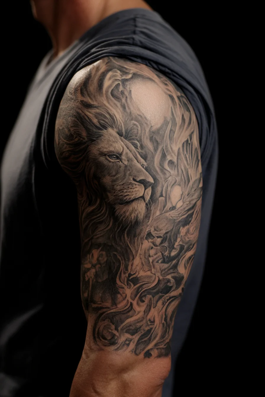 Black & Grey Lion Half-Sleeve Tattoo — Strength, Leadership, Realism