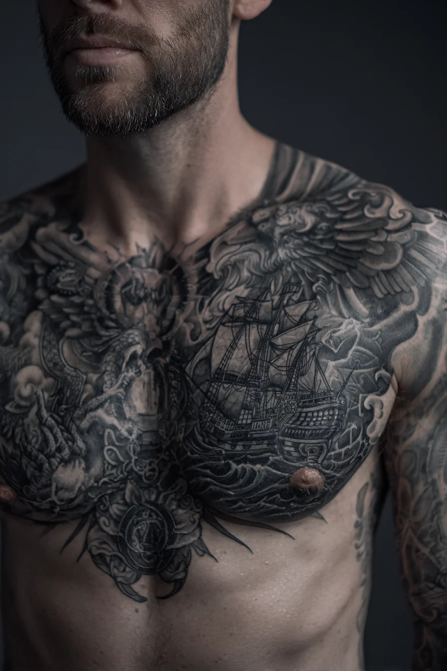 Black & Grey Nautical Chest Tattoo — Ship, Wings & Storm Waves