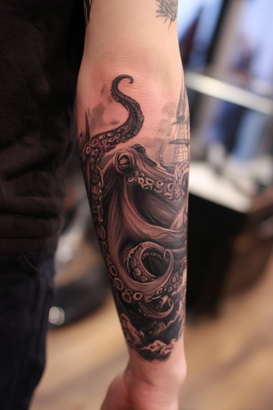 Black & Grey Octopus Forearm Tattoo — Nautical Realism for Men