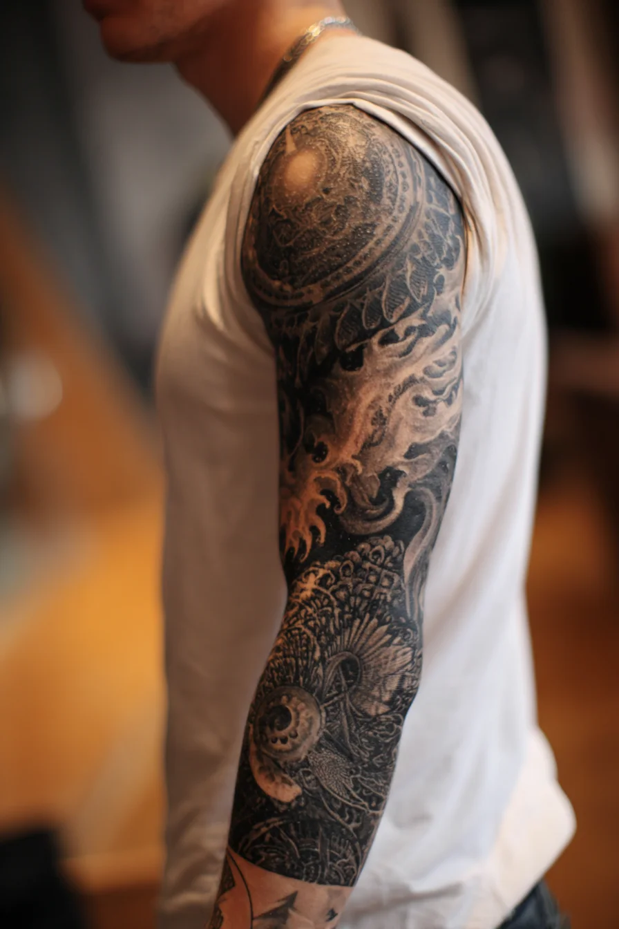 Black & Grey Ornamental Full Sleeve Tattoo — Waves, Mandala and Dotwork