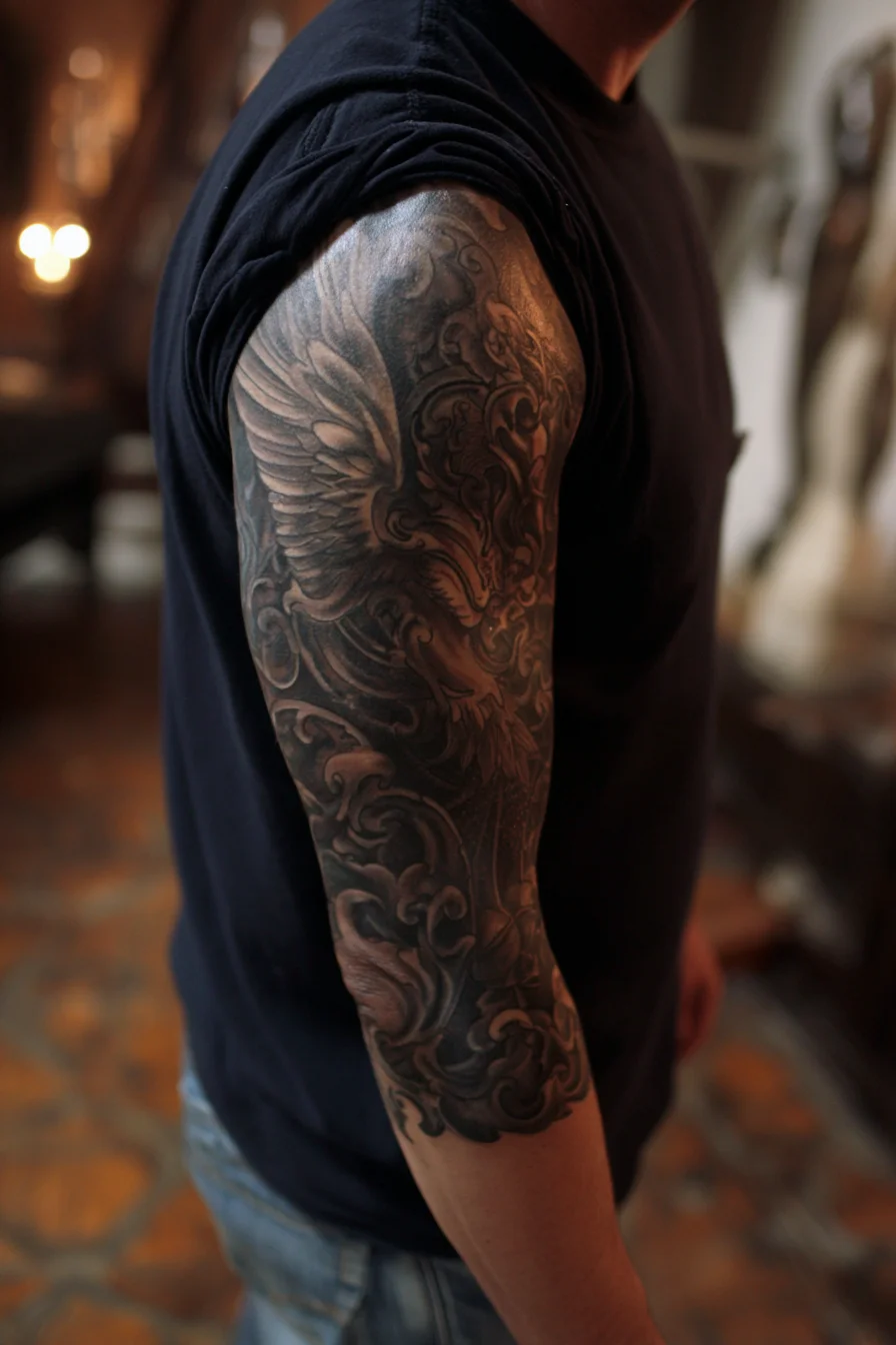Black & Grey Phoenix Ornamental Sleeve Tattoo — Mens Arm Piece