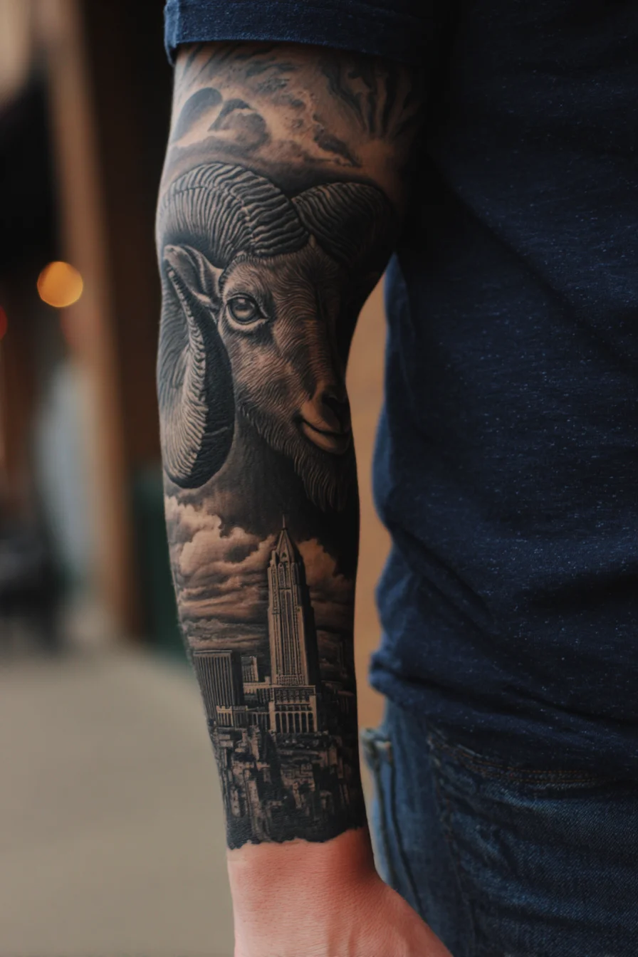 Black & Grey Ram and City Forearm Tattoo — Realism, Strength & Ambition