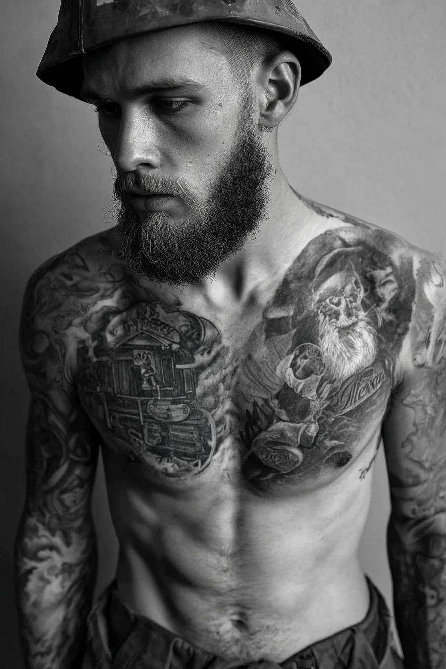 Black & Grey Realism Chest Tattoo — Bearded Portrait with Ship Motif