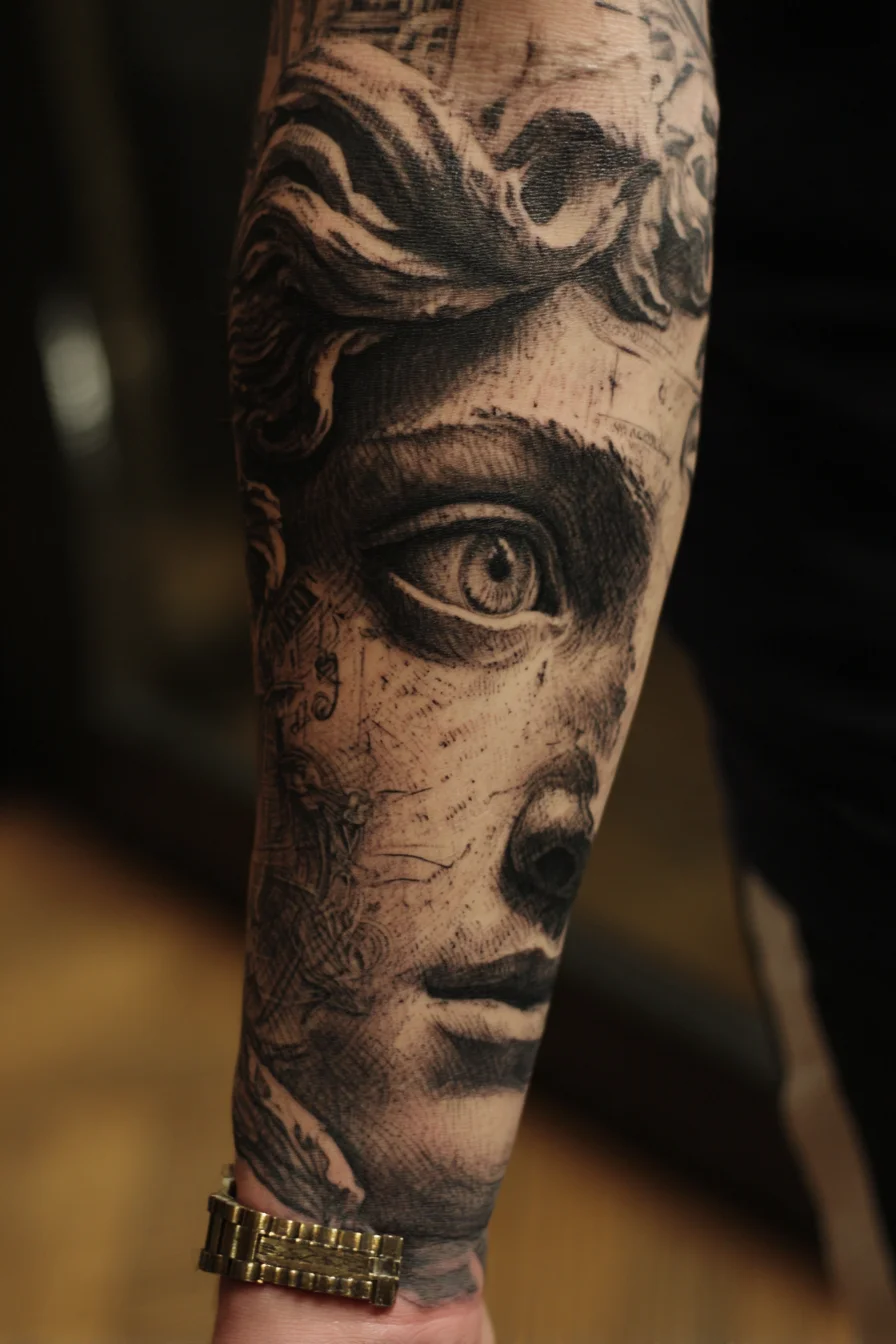 Black & Grey Realism Classical Statue Forearm Tattoo