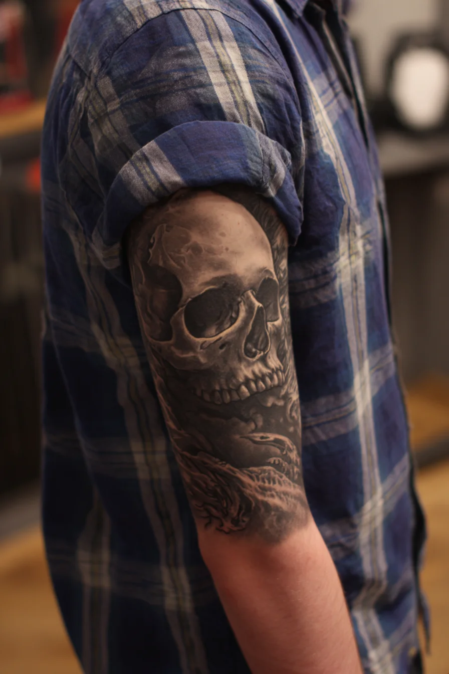 Black & Grey Realism Skull Half‑Sleeve — Upper Arm Tattoo
