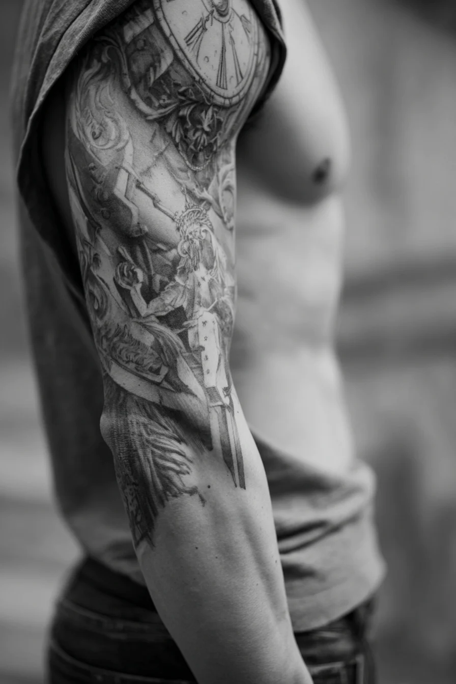 Black & Grey Realism Sleeve — Pocket Watch, Classical Figure & Dagger Tattoo