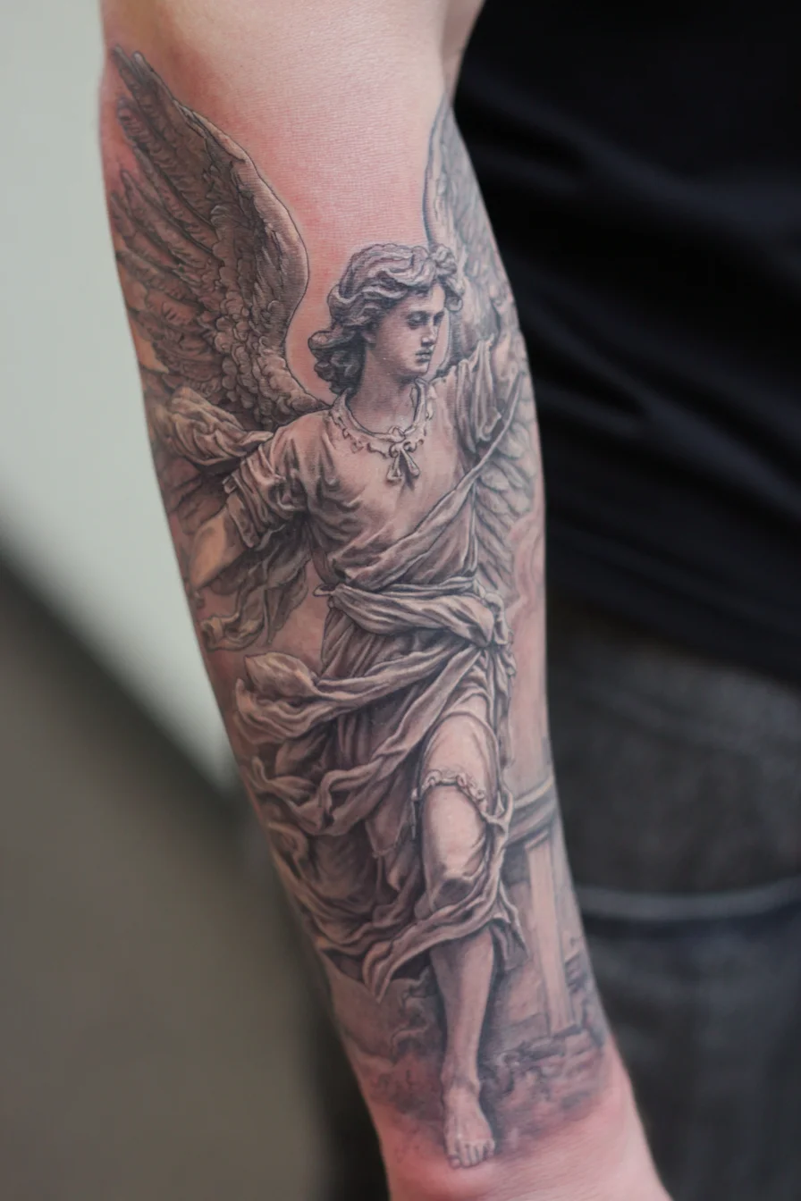 Black & Grey Realistic Angel Forearm Tattoo — Guardian Angel Statue