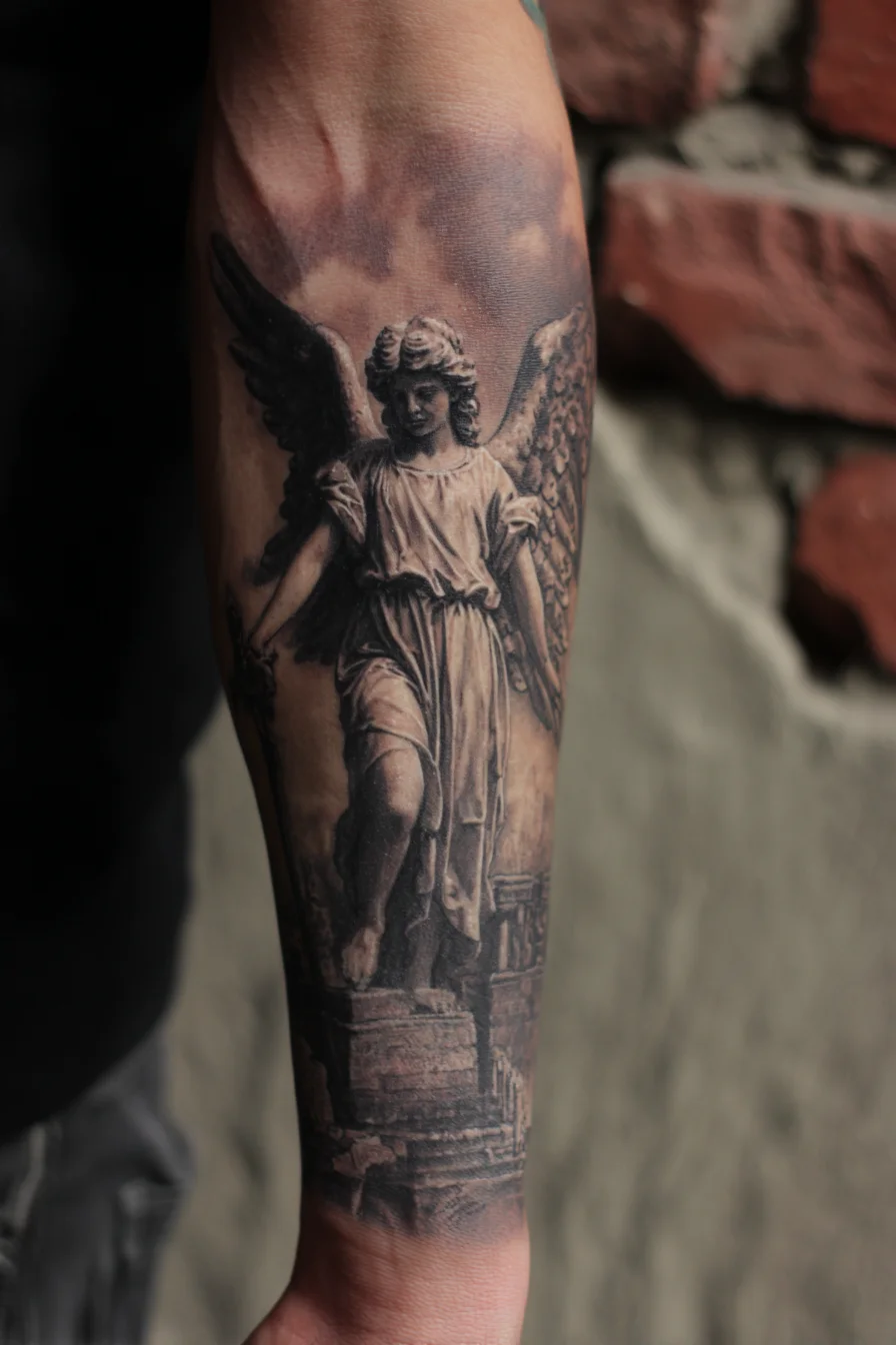 Black & Grey Realistic Angel Statue Forearm Tattoo — Guardian Memorial Design