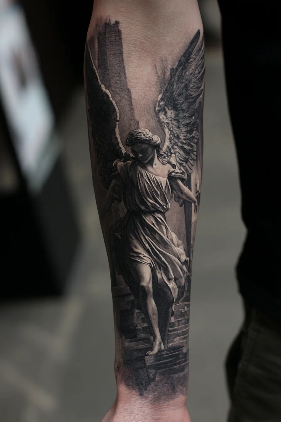 Black & Grey Realistic Angel Statue Forearm Tattoo