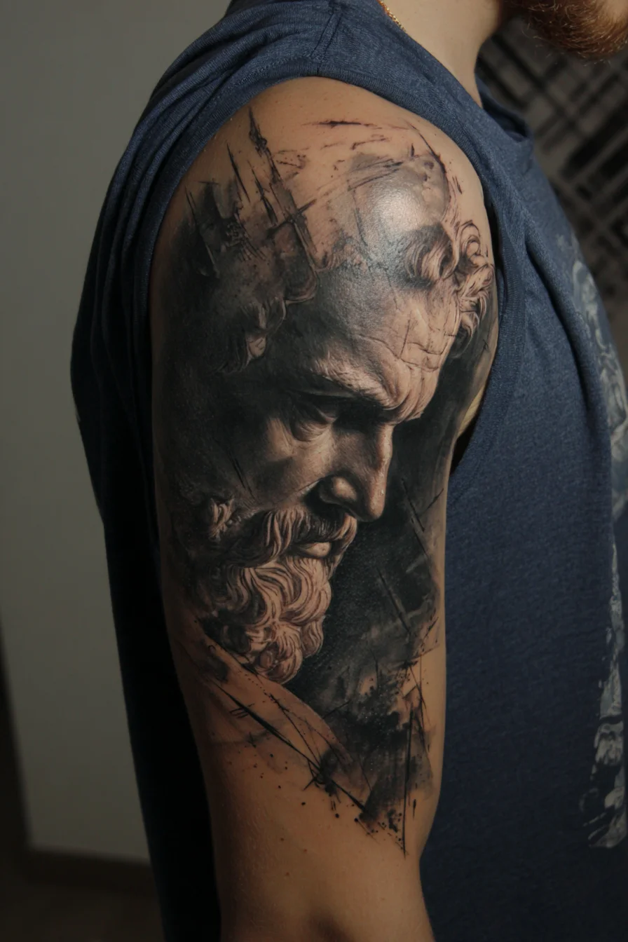 Black & Grey Realistic Classical Bust Shoulder Tattoo — Bearded Portrait