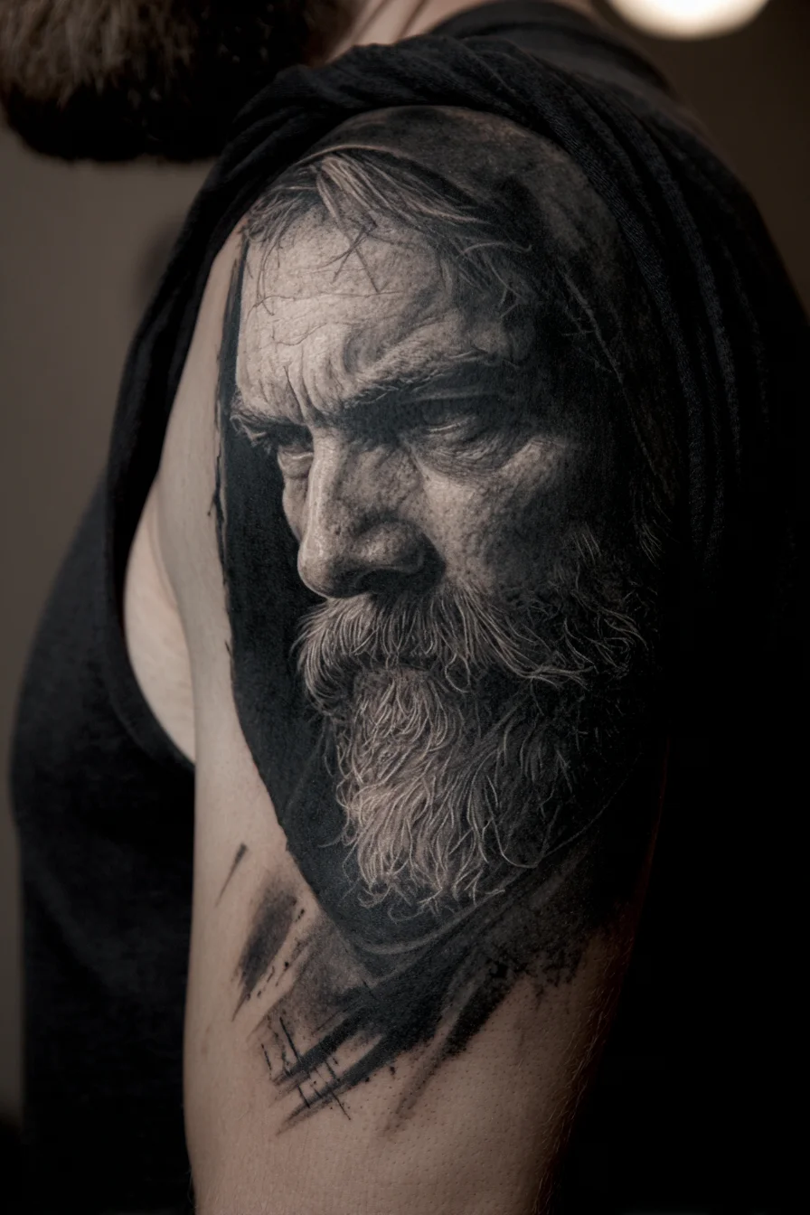 Black & Grey Realistic Hooded Elder Portrait Tattoo — Upper Arm / Sleeve