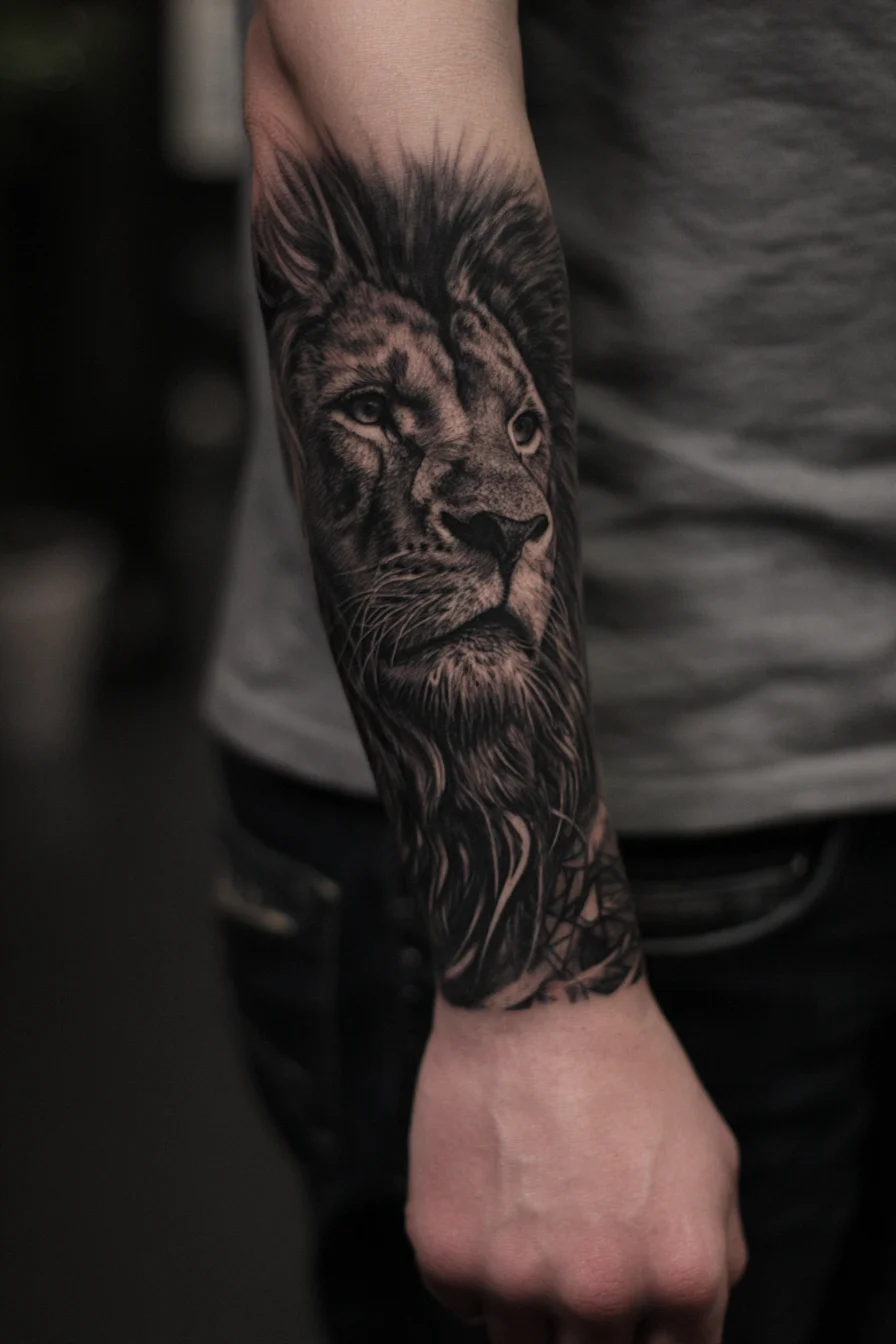 Black & Grey Realistic Lion Forearm Tattoo — Lion Portrait for Men