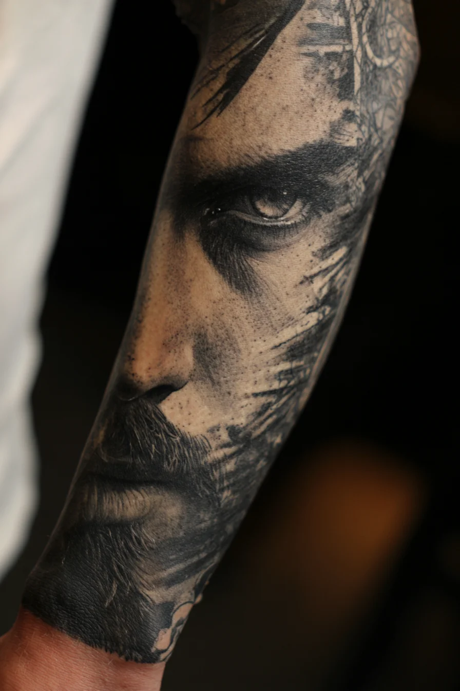 Black & Grey Realistic Male Portrait Forearm Tattoo — Intense Gaze Detail