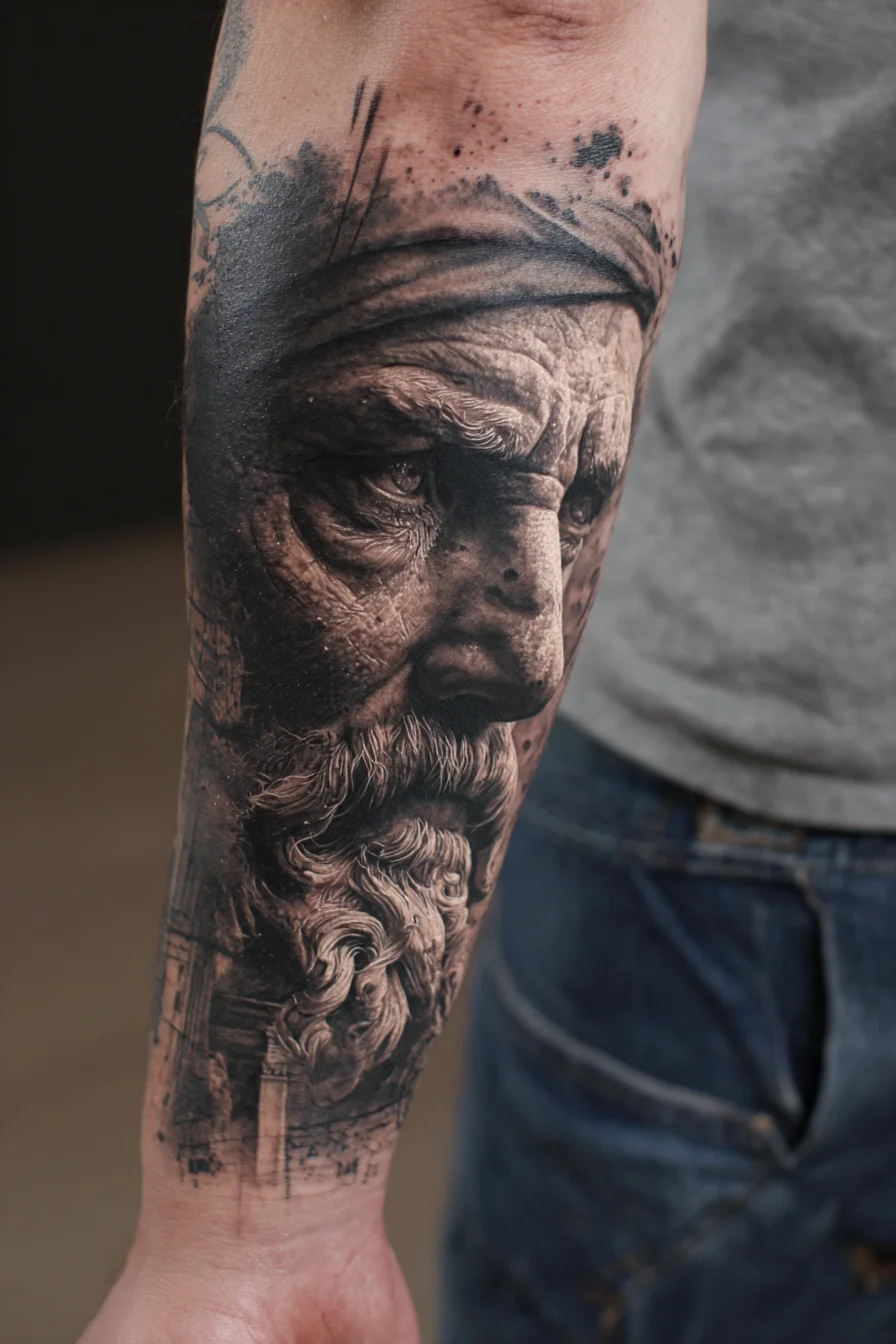 Black & Grey Realistic Old Man Portrait Forearm Tattoo