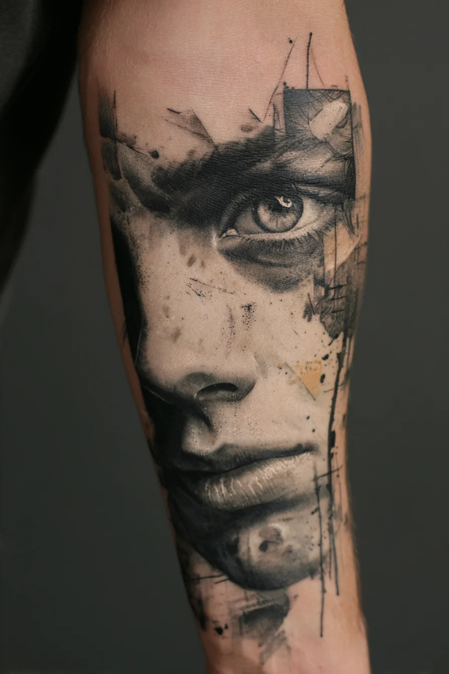 Black & Grey Realistic Portrait Forearm Tattoo — Grunge Watercolor Style