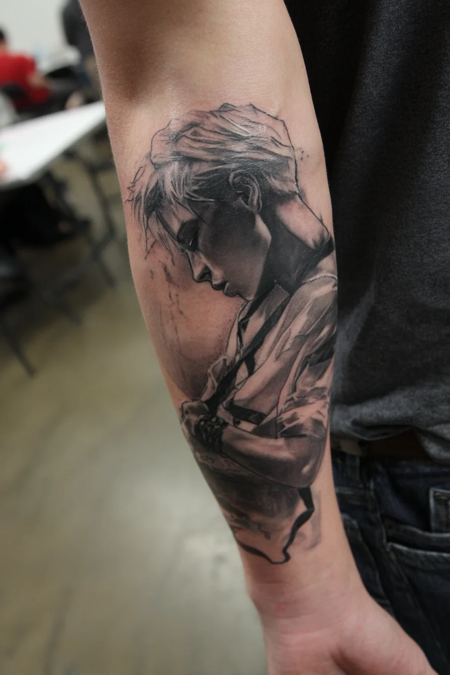 Black & Grey Realistic Portrait Forearm Tattoo — Introspective Male Figure