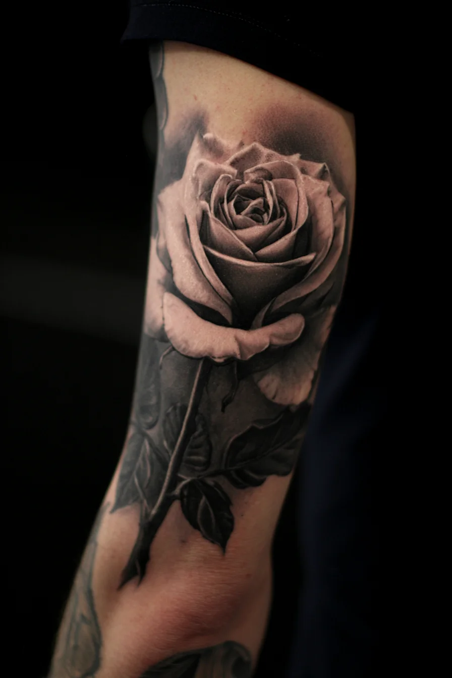 Black & Grey Realistic Rose — Forearm Tattoo for Men