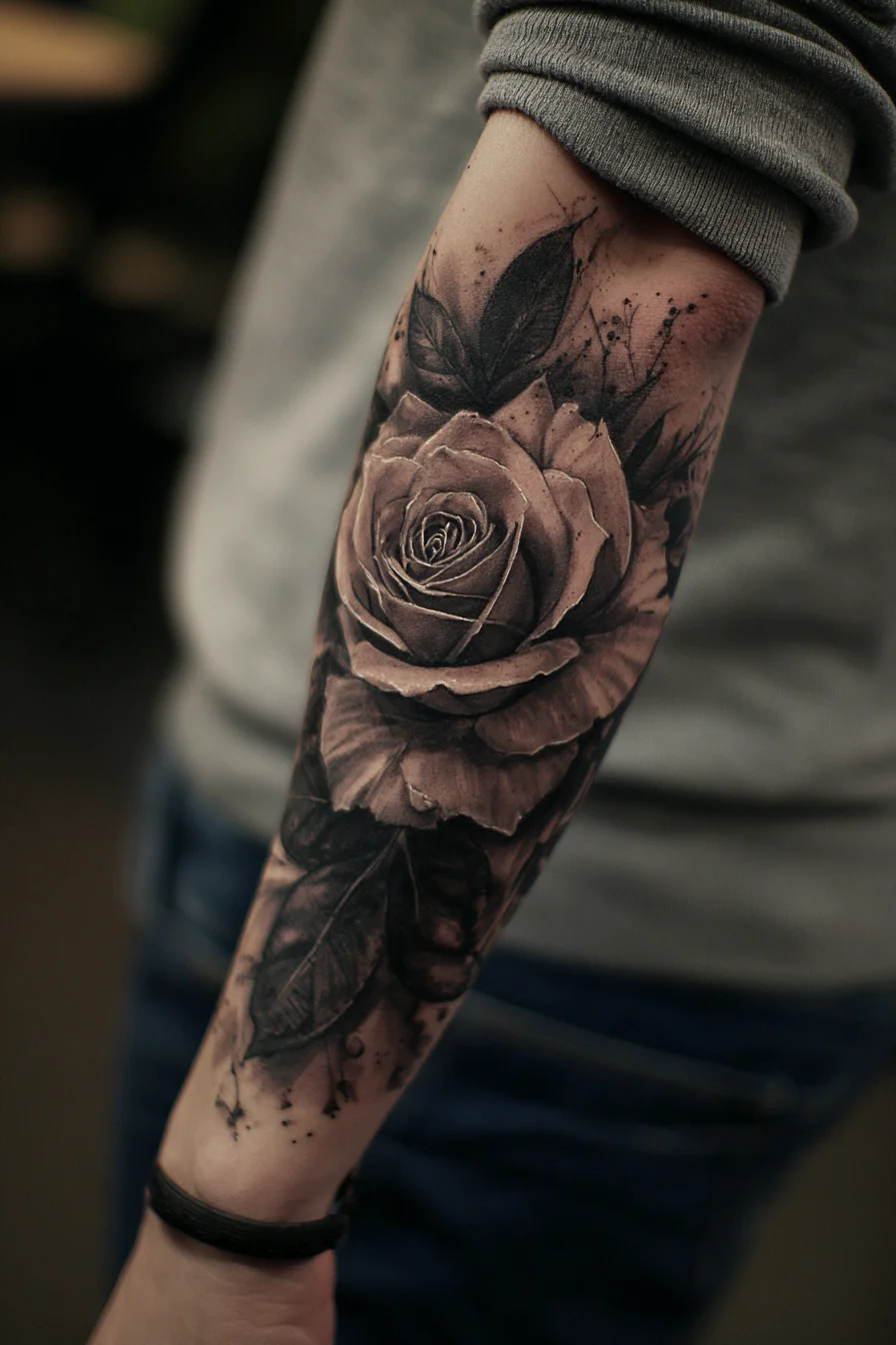 Black & Grey Realistic Rose Forearm Tattoo — Mens Floral Realism