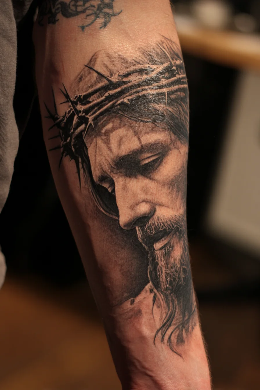Black & Grey Realistic Sacred Portrait Tattoo — Crown of Thorns Forearm