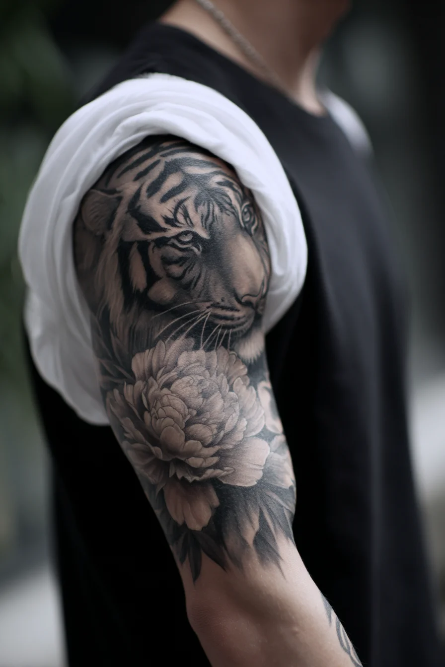 Black & Grey Realistic Tiger & Peony Half‑Sleeve — Strength Tattoo for Men