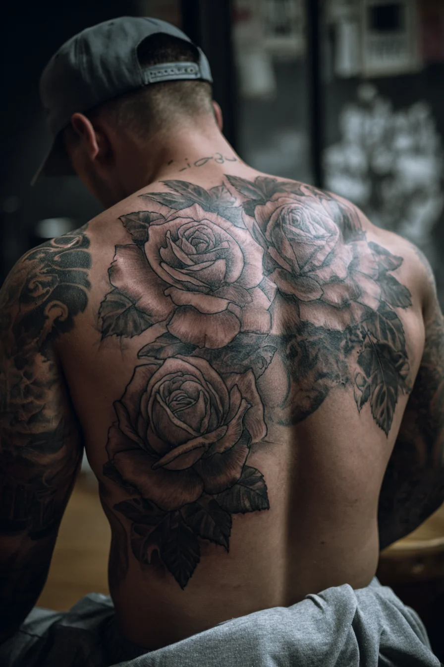 Black & Grey Rose Backpiece Tattoo — Realistic Floral Full-Back Design