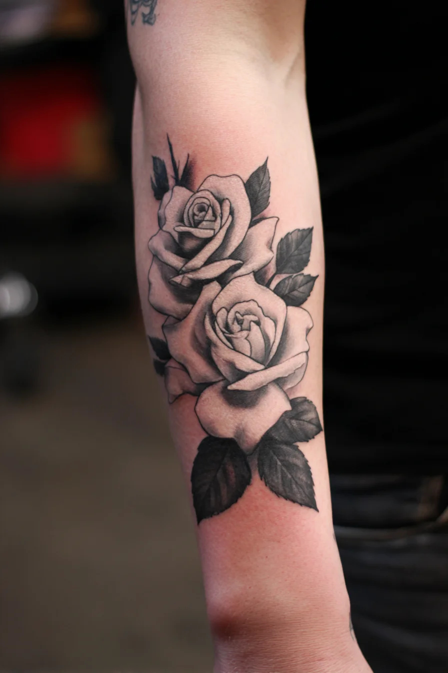 Black & Grey Rose Forearm Tattoo — Realistic Floral Sleeve Accent