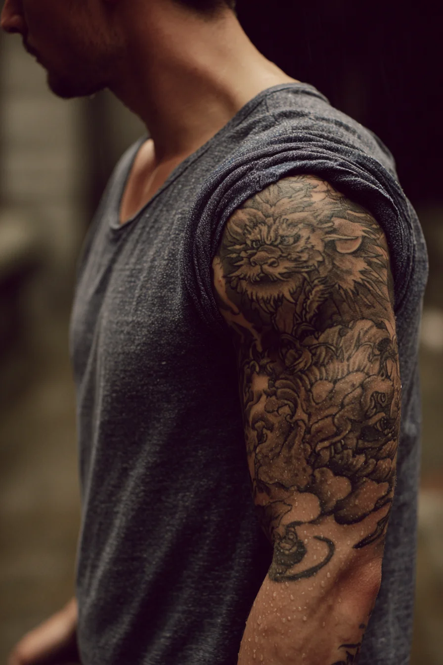 Black & Grey Shishi (Guardian Lion) Half‑Sleeve — Japanese Arm Tattoo for Men