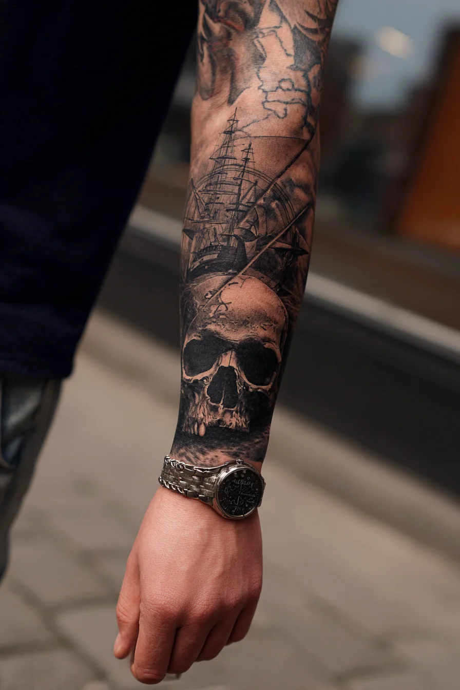 Black & Grey Skull and Ship Forearm Sleeve — Nautical Realism Tattoo