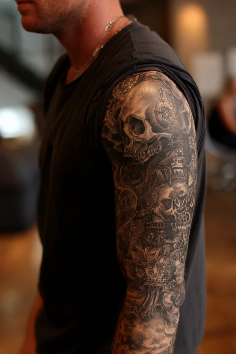Black & Grey Skull Sleeve — Realistic Mens Upper-Arm Tattoo