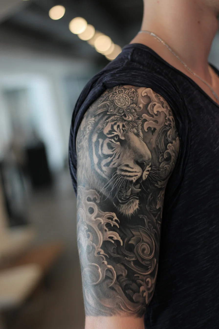 Black & Grey Tiger Sleeve Tattoo — Realism with Japanese Waves & Shoulder Fit