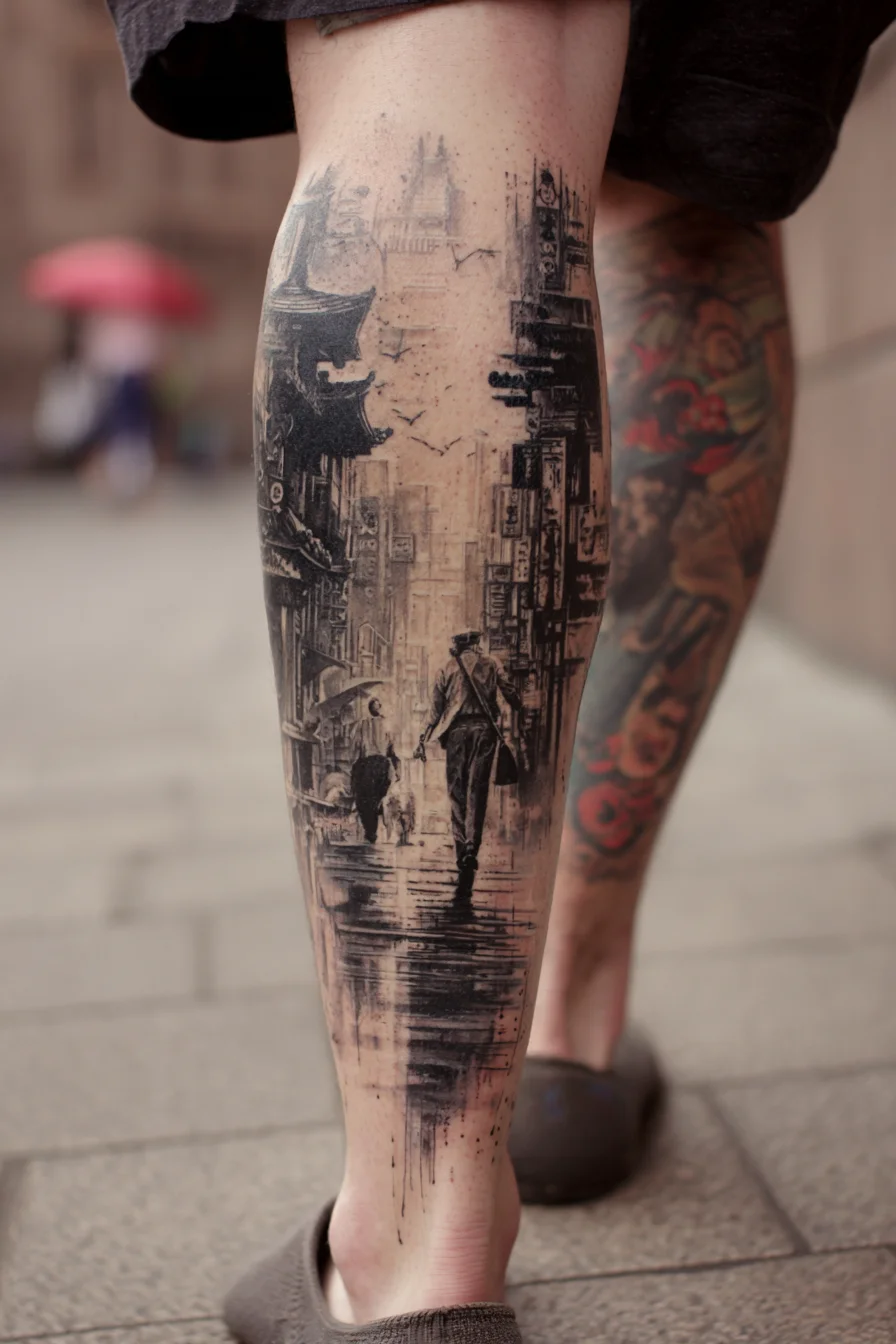 Black & Grey Urban Rain Cityscape Calf Tattoo — Walking Figure Design