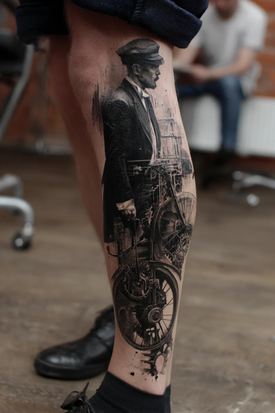 Black & Grey Vintage Gentleman with Mechanical Bicycle — Calf Tattoo Idea