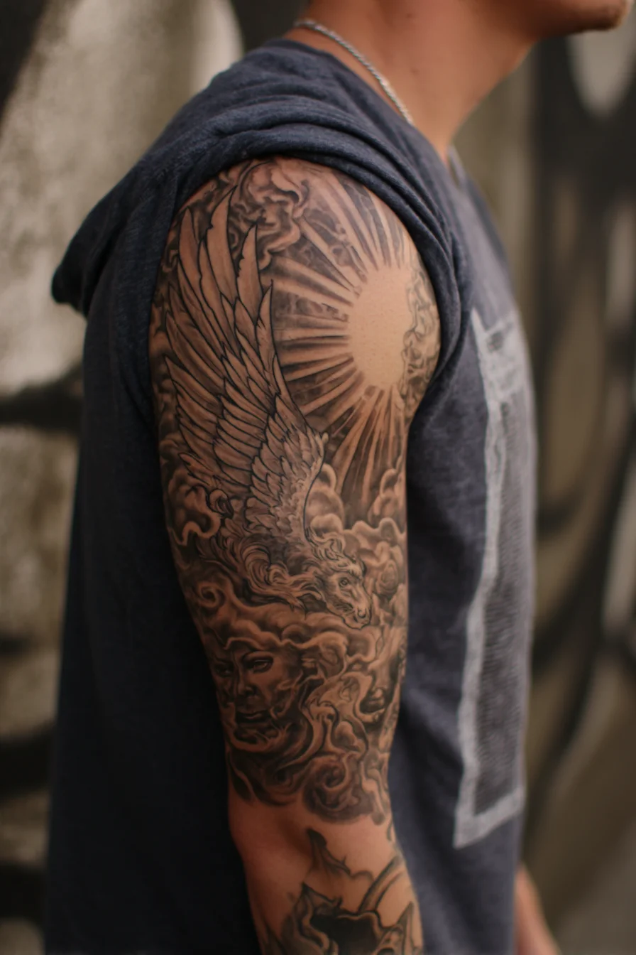 Black & Grey Winged Sun Half-Sleeve Tattoo — Mythic Shoulder Piece