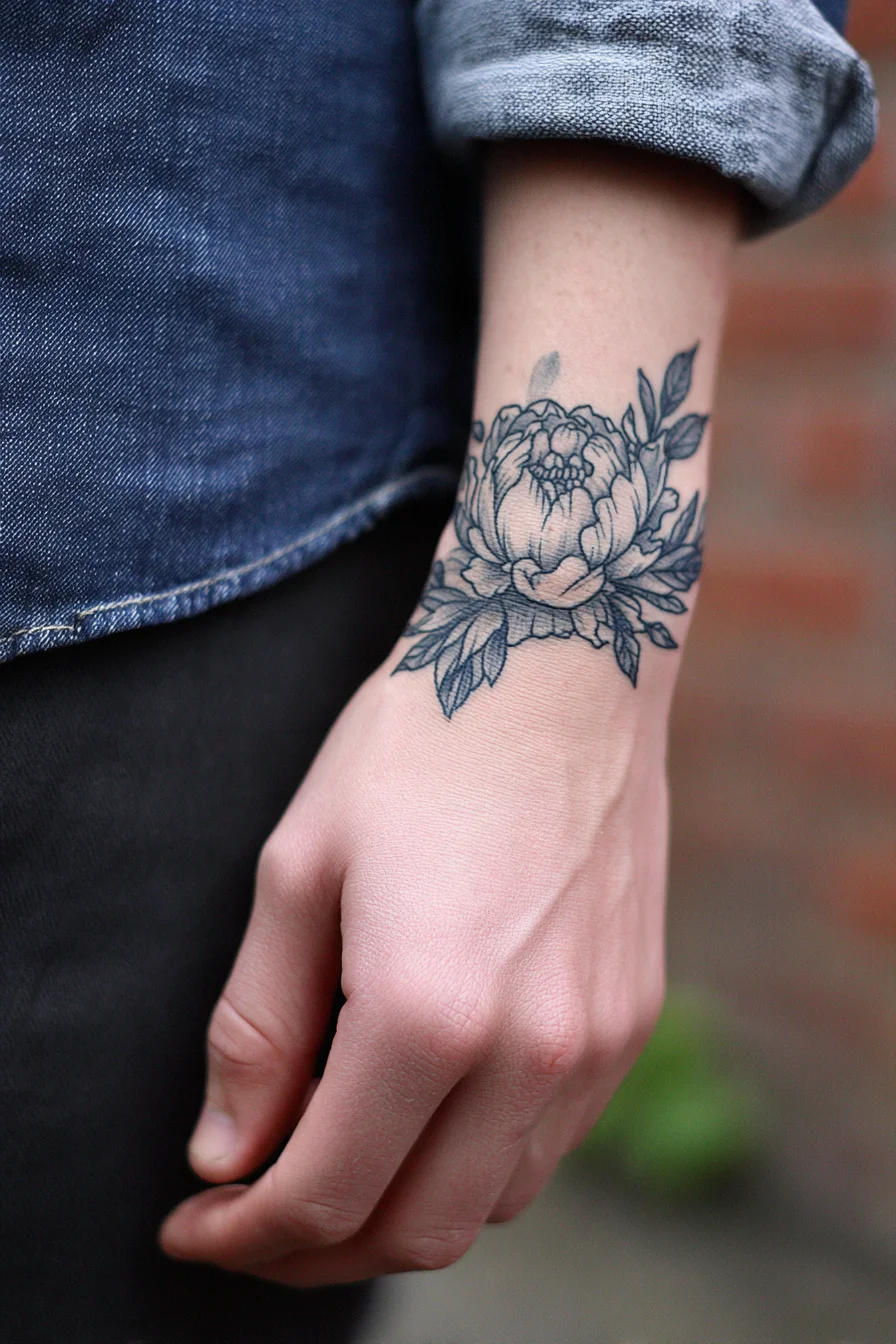 Black Peony Wrist Tattoo - Floral Wristband Design for Men