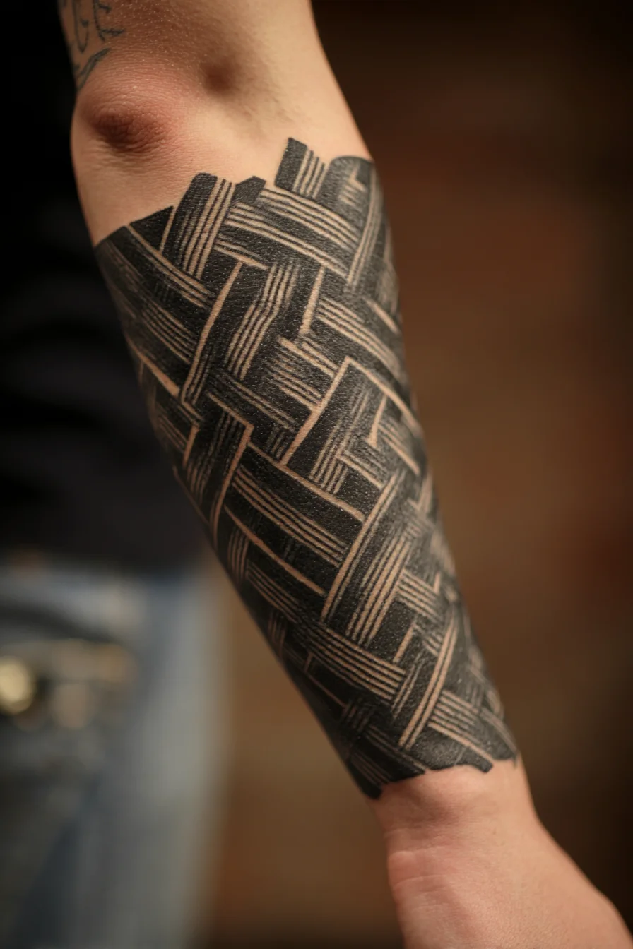 Blackwork Basket-Weave Forearm Tattoo — Geometric Woven Sleeve Design