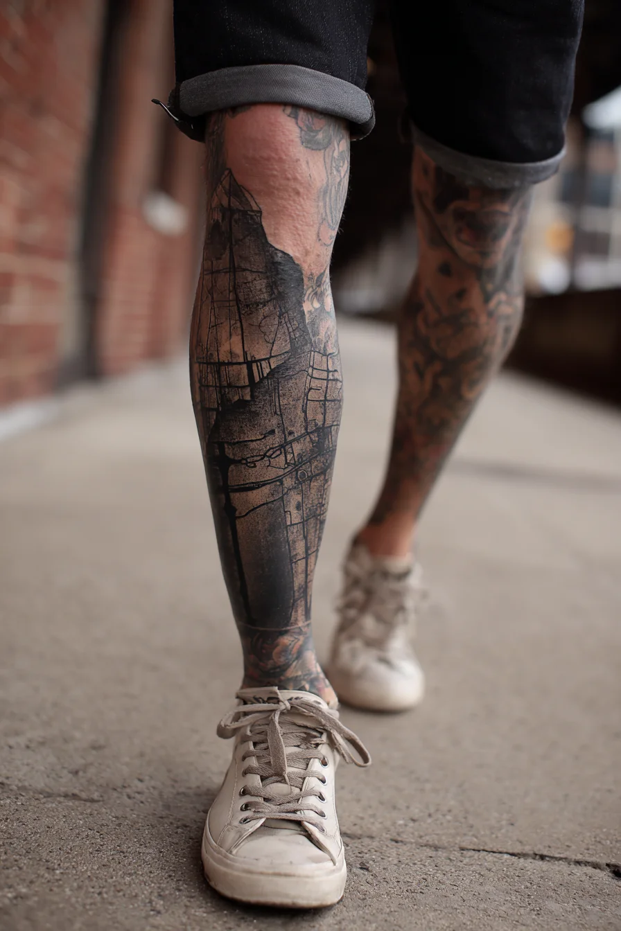 Blackwork Calf Tattoo — Urban Map & Geometric Shin Sleeve