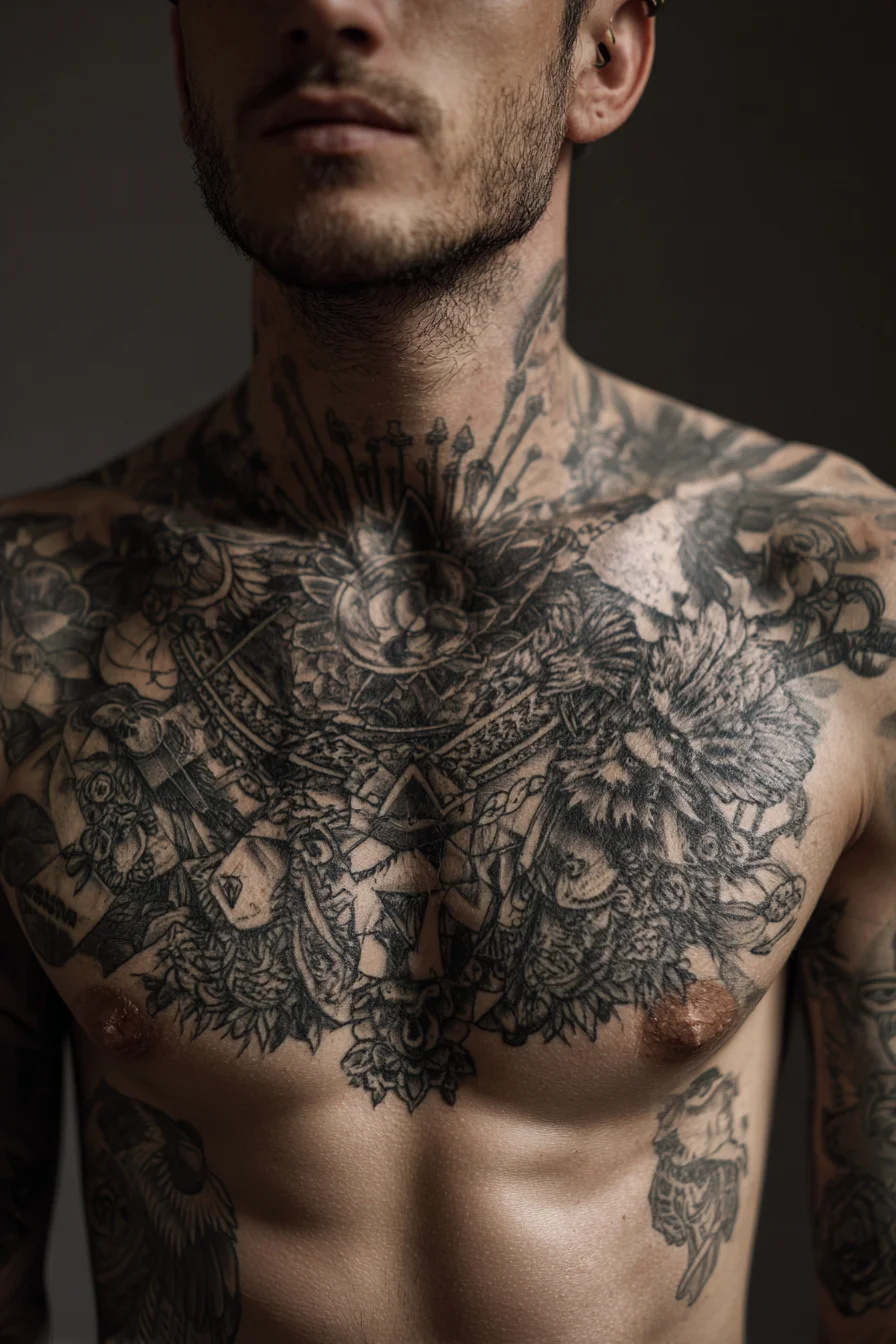 Blackwork Chest & Neck Tattoo — Mandala, Floral, Symmetrical Design