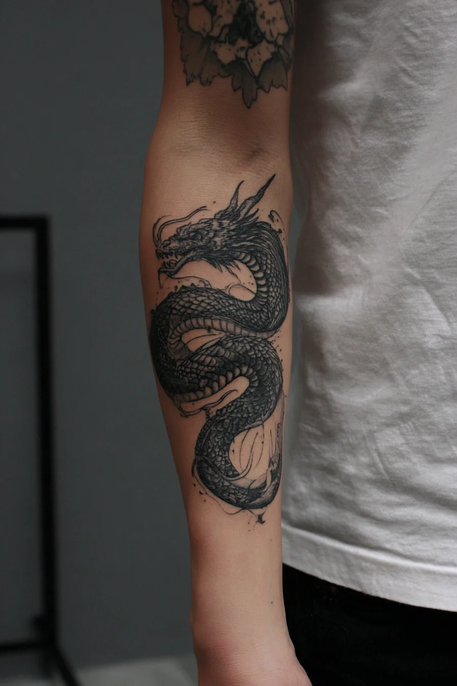 Blackwork Coiled Dragon Forearm Tattoo — Strength, Protection, and Movement