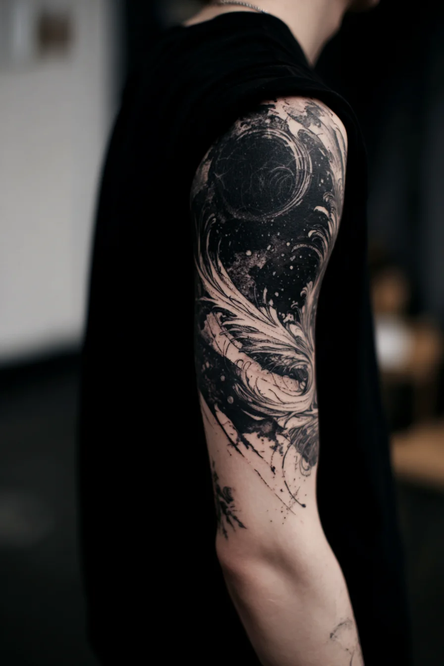 Blackwork Cosmic Wing Tattoo — Upper-Arm Half-Sleeve for Men