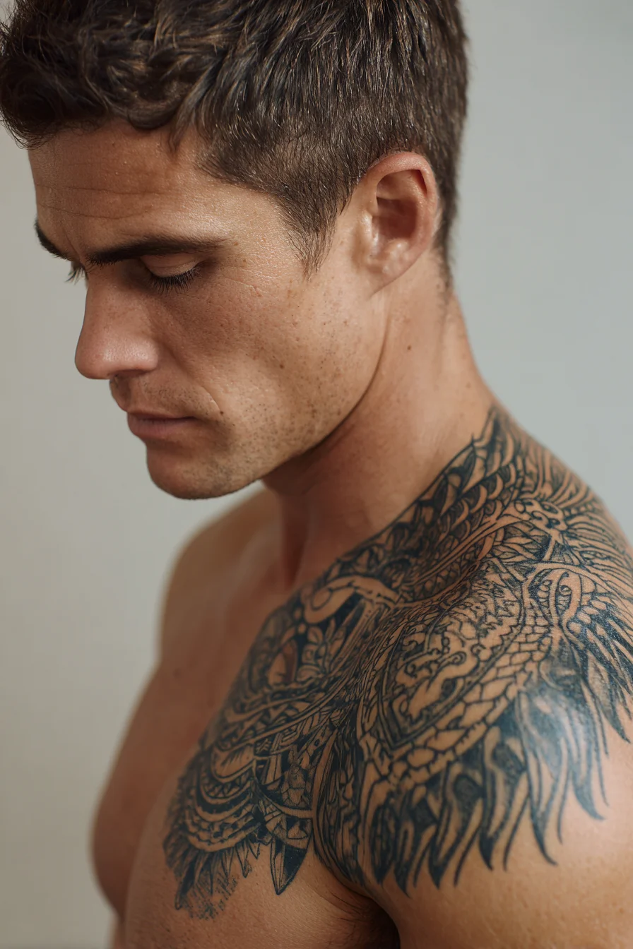 Blackwork Dragon-Scale Shoulder & Chest Tattoo — Masculine Ornamental Design