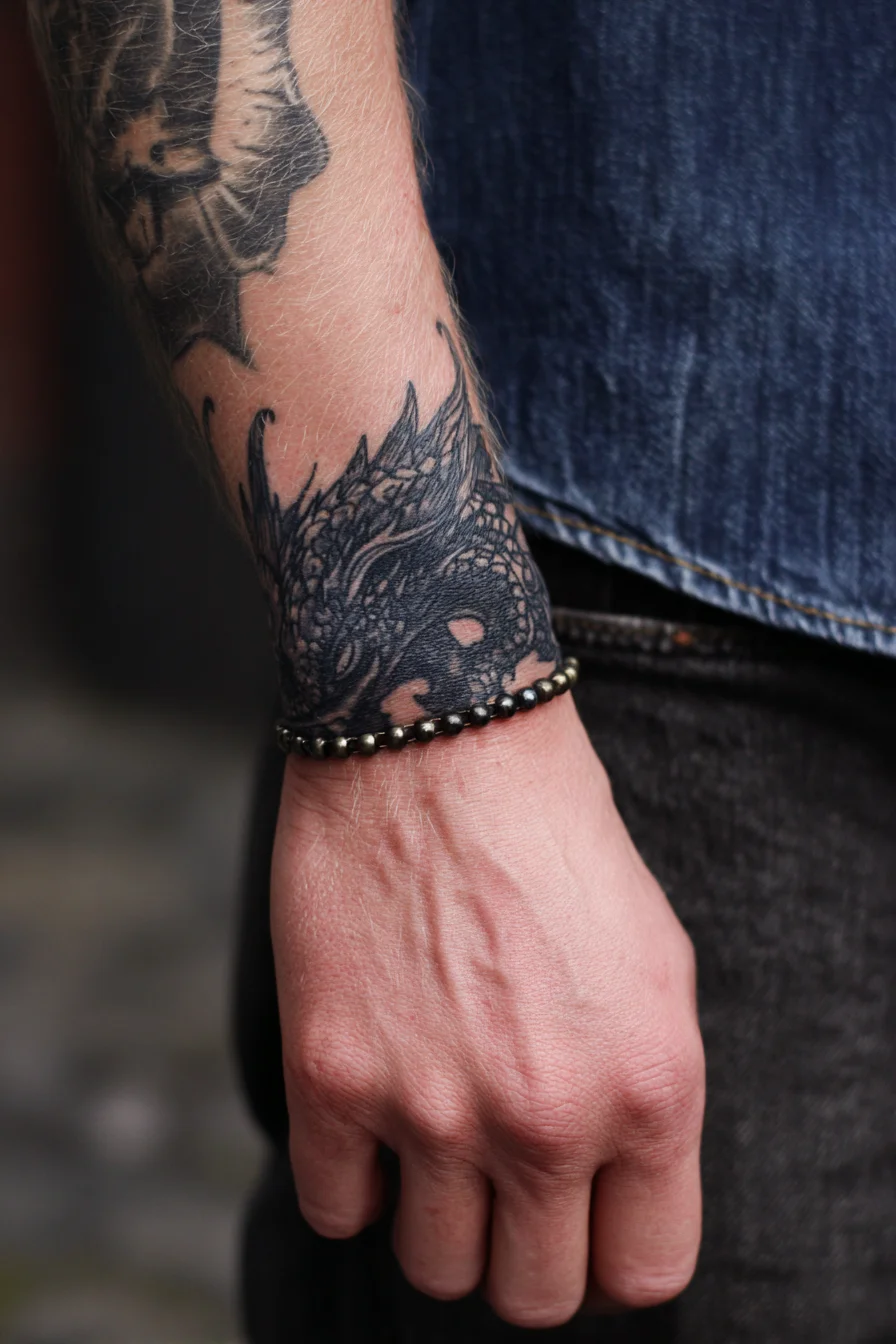 Blackwork Dragon Wrist Cuff Tattoo — Dragon, Wrist, Forearm, Cuff Design