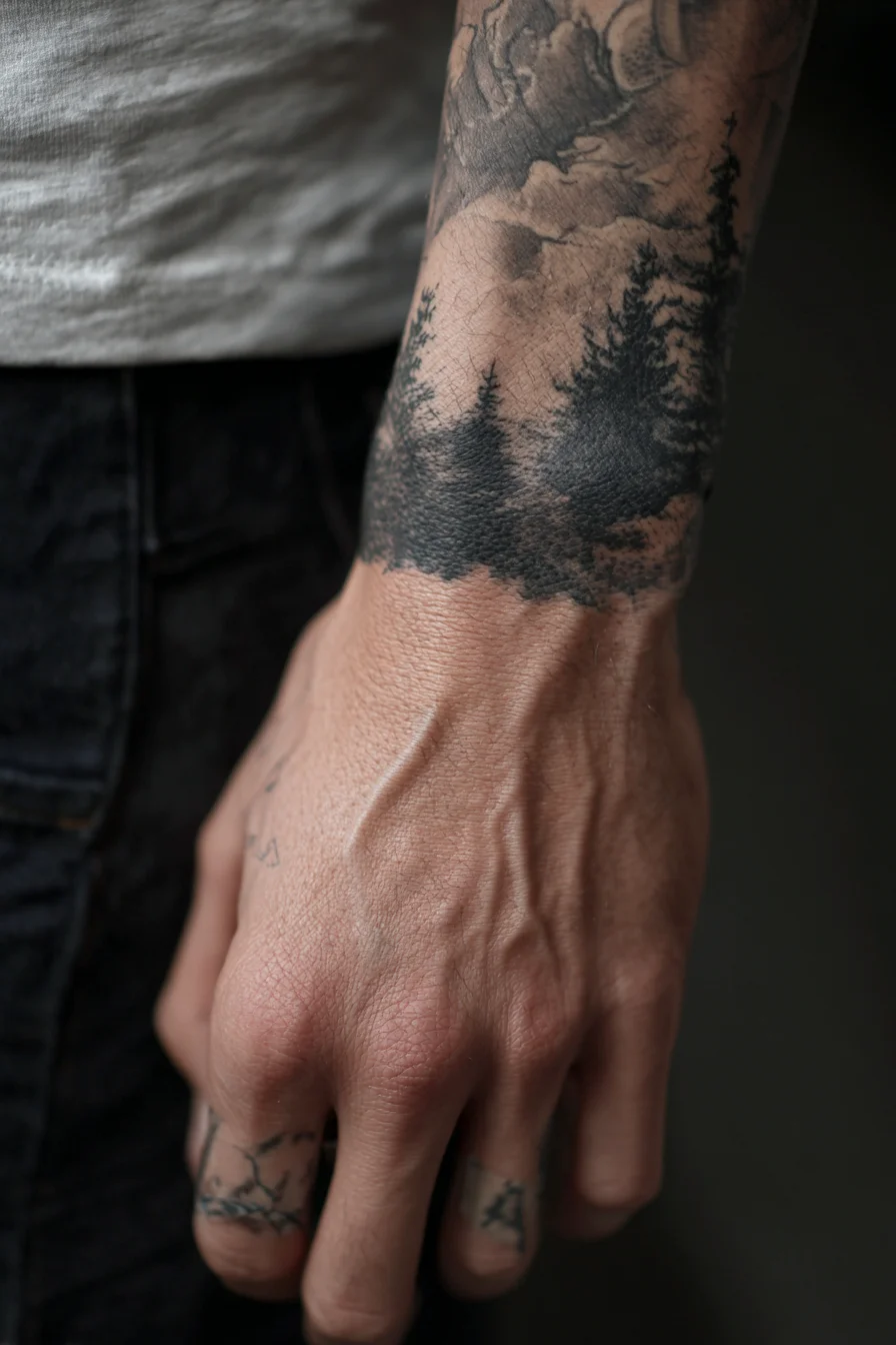 Blackwork Forest Wristband Tattoo — Pine Silhouette Cuff for Men