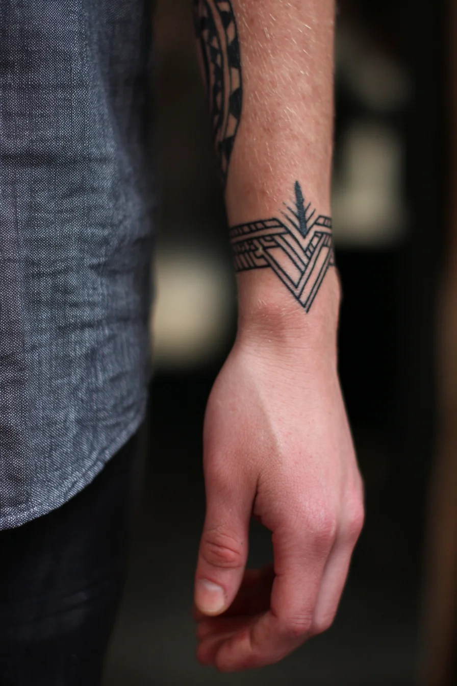 Blackwork Geometric Chevron Wristband Tattoo — Masculine Arrow Bracelet