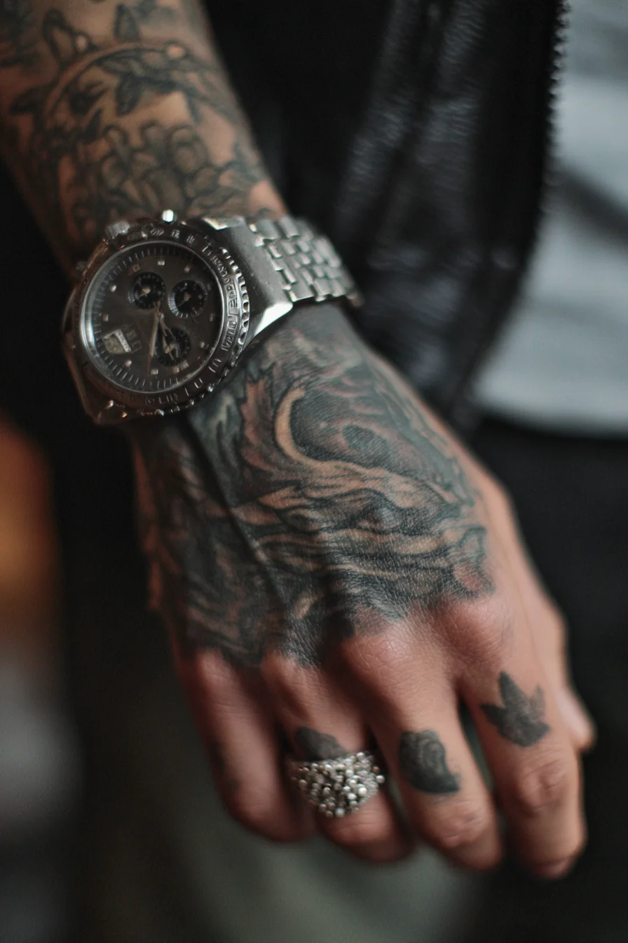 Blackwork Hand & Knuckle Tattoo — Ornamental Back‑of‑Hand and Finger Symbols