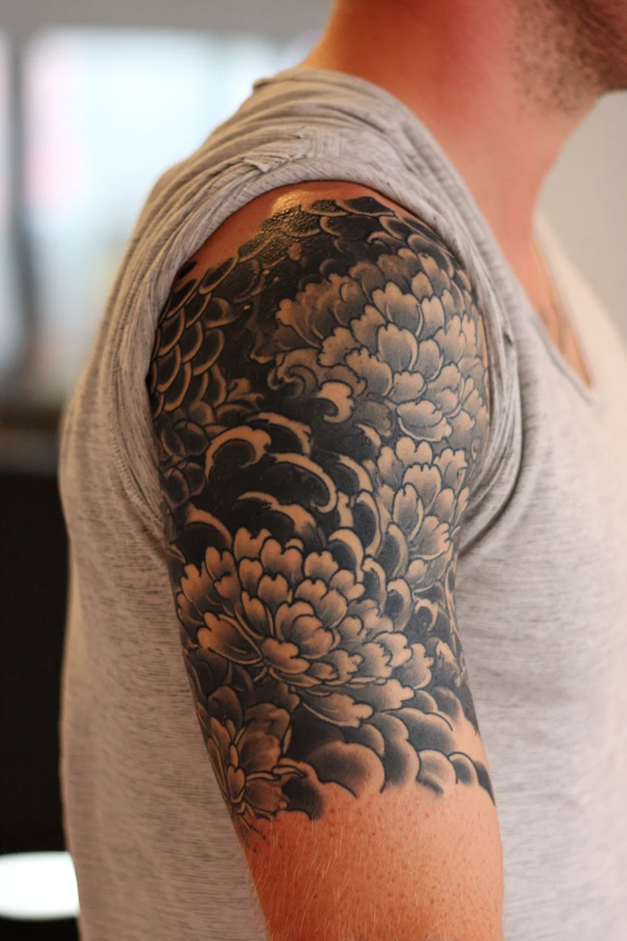 Blackwork Japanese Chrysanthemum Half-Sleeve — Floral Sleeve Tattoo